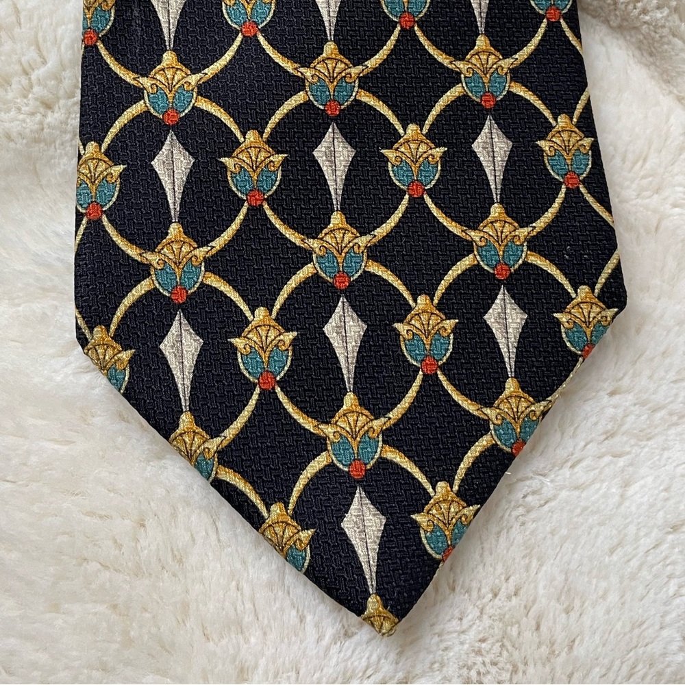 Christian Dior Cravate - Vintage Black Silver Blue and Gold Patterned Tie